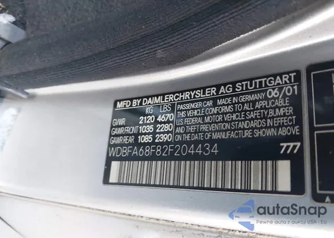 2002 Mercedes-Benz Sl 500 z USA, uszkodzony, nr VIN WDBFA68F82F204434